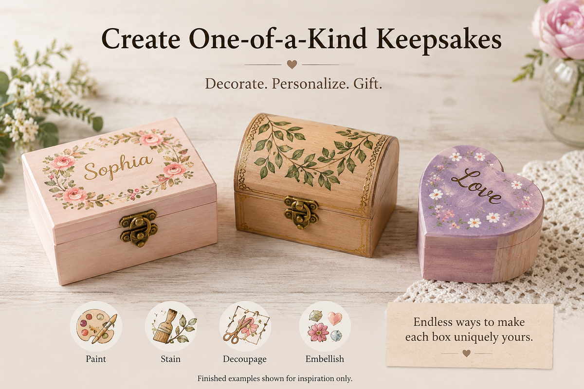 Unfinished Wooden Jewelry Box, 3 Designs