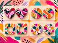 Four pairs of handmade polymer clay earrings: marbled hearts, gold-veined circles, and patterned squares and rounds