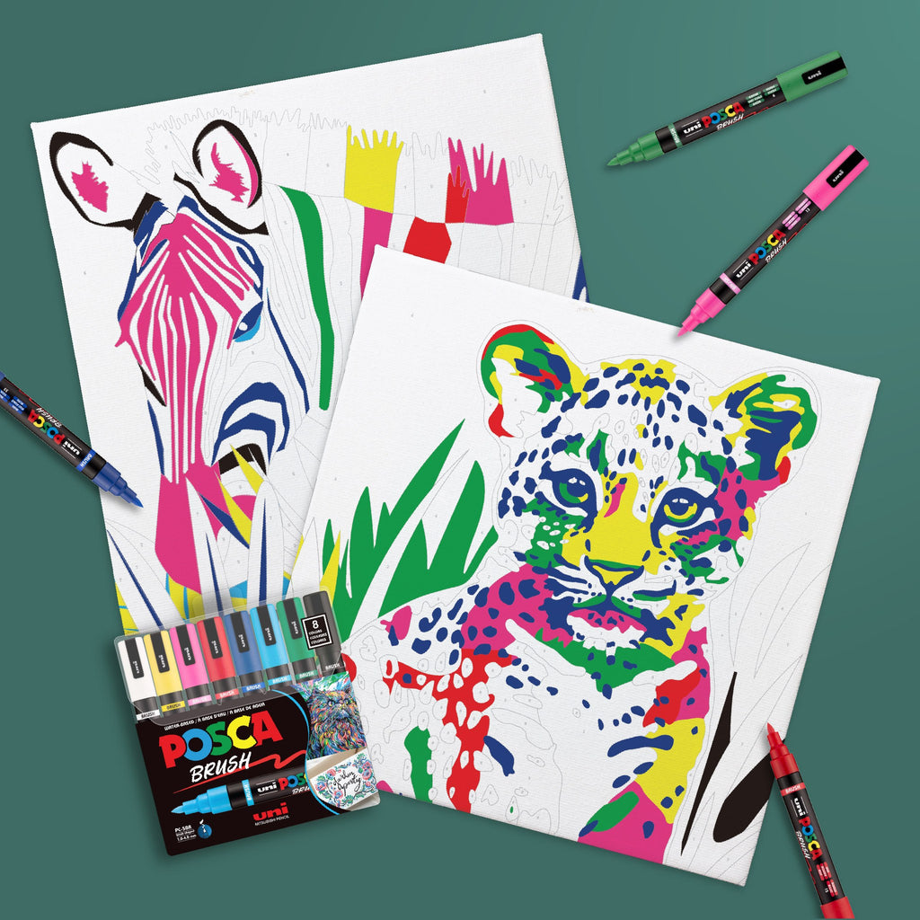 POSCA Canvas Kit Rainbow Safari, finished canvases with markers